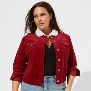 Torrid Corduroy Sherpa Lined Trucker Jacket Rhubarb Red Plus Sz 3X EUC Stunning